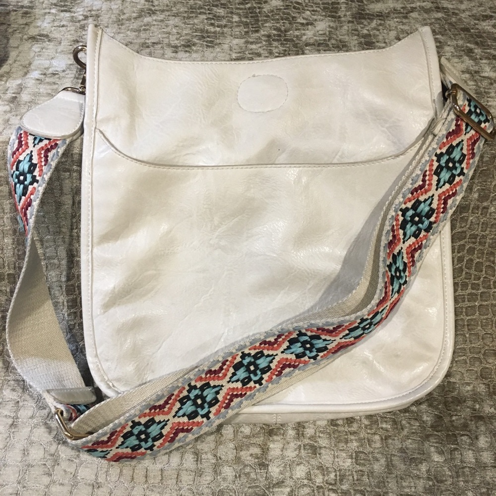 AHDORNED Cream Vegan Leather  Messenger | Cream-Blue Embroidered Strap